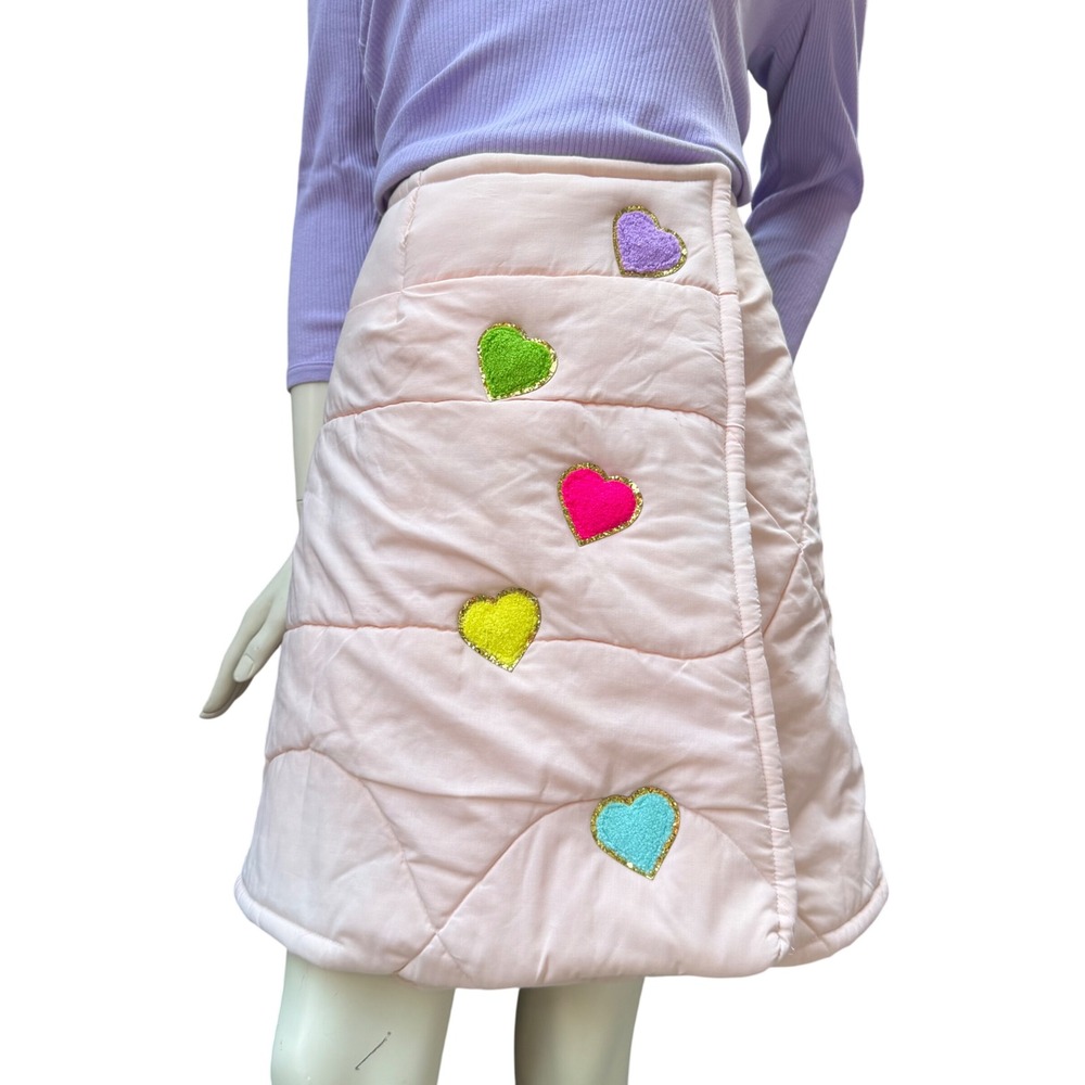 Handmade Quilted Pink Midi Skirt Hearts Snap Closure Kidcore Dopamine Dressing S